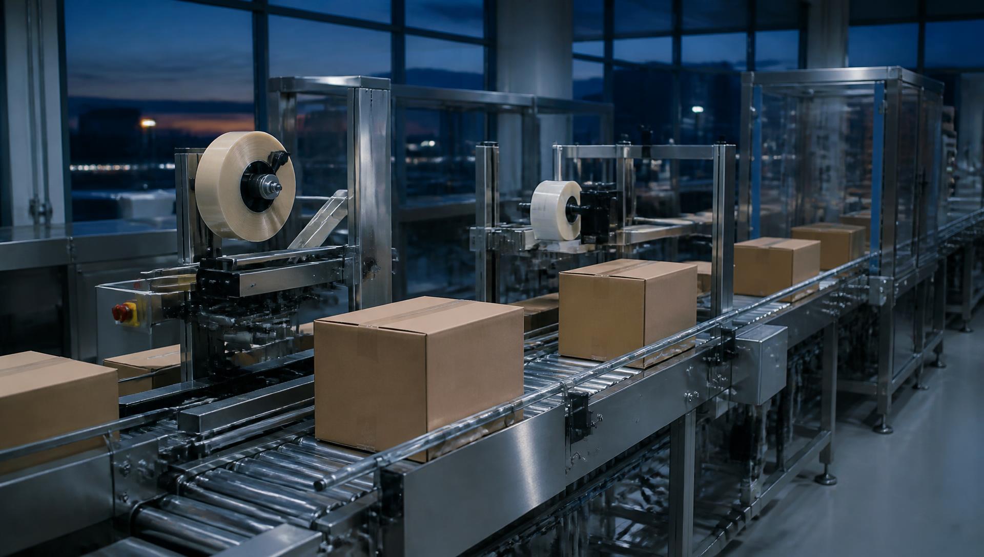 Línea de empaque industrial con transportadores y cajas selladas en una planta moderna